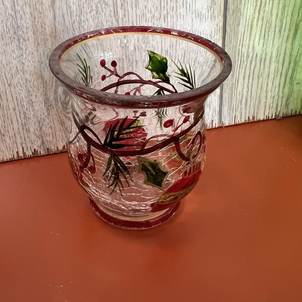 Crackle glass votive tealight candleholder pine branches berries fall winter red